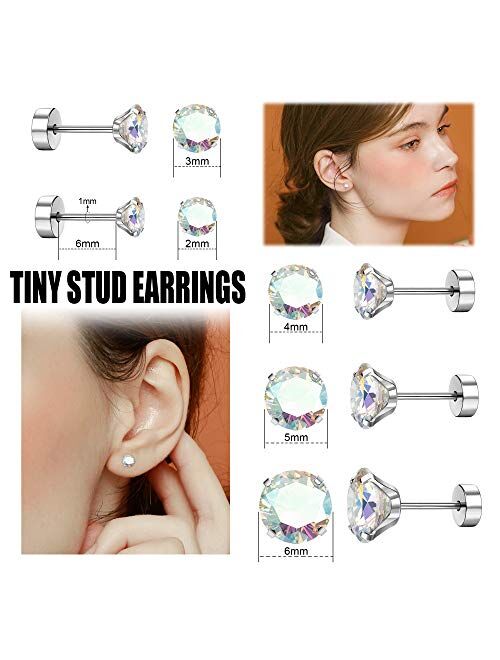 Drperfect 5Pairs 18G Stainless Steel CZ Stud Earrings for Women Men Cartilage Helix Earrings Set Round Cubic Zirconia Screwback Flat Back Stud Ear Piercing