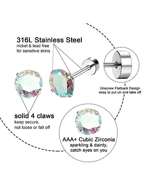 Drperfect 5Pairs 18G Stainless Steel CZ Stud Earrings for Women Men Cartilage Helix Earrings Set Round Cubic Zirconia Screwback Flat Back Stud Ear Piercing