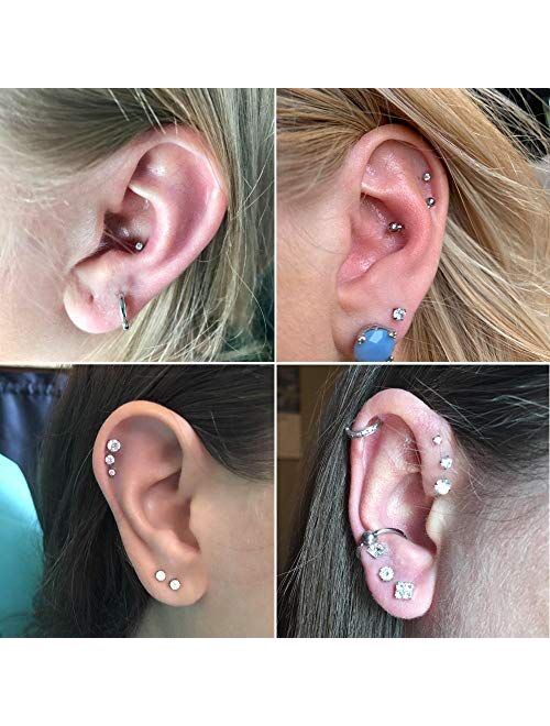 Drperfect 5Pairs 18G Stainless Steel CZ Stud Earrings for Women Men Cartilage Helix Earrings Set Round Cubic Zirconia Screwback Flat Back Stud Ear Piercing