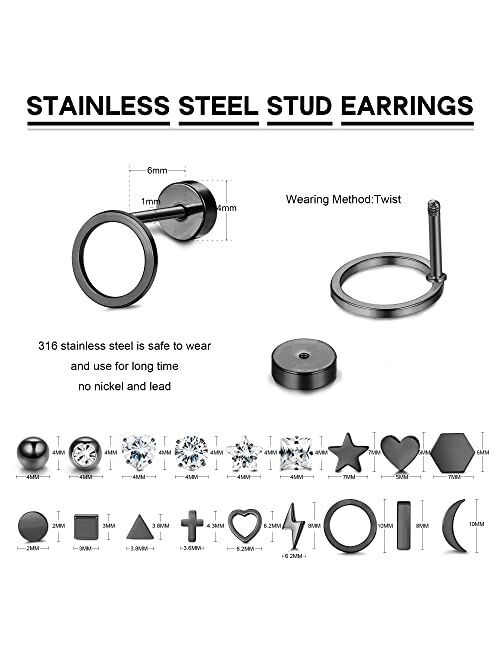 Drperfect 18 Pairs 18G Stainless Steel Tiny Stud Earrings for Women Men CZ Cartilage Helix Ear Piercing