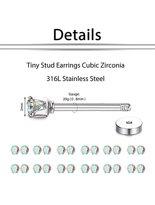 HANPABUM 12 Pairs Stainless Steel Tiny Stud Earrings 2MM Cubic Zirconia Stud Earring Clear CZ Earrings Set for Women Men