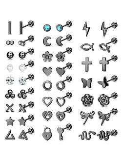 Sanfenly 24 Pairs Stainless Steel Stud Earrings Set for Women Men 20G Tiny Cartlidge Earrings Stud Geometric Star Screwback Stud Earrings Hypoallergenic Flatback Earrings