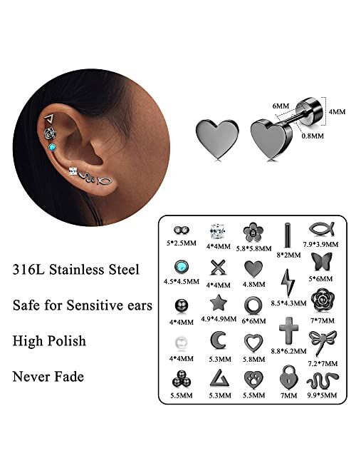 Sanfenly 24 Pairs Stainless Steel Stud Earrings Set for Women Men 20G Tiny Cartlidge Earrings Stud Geometric Star Screwback Stud Earrings Hypoallergenic Flatback Earrings
