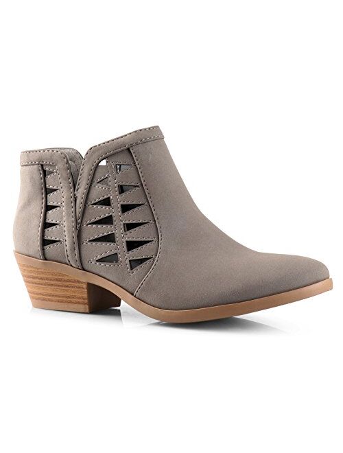 Soda Women's Perforated Cut Out Stacked Block Heel Ankle Booties Grey