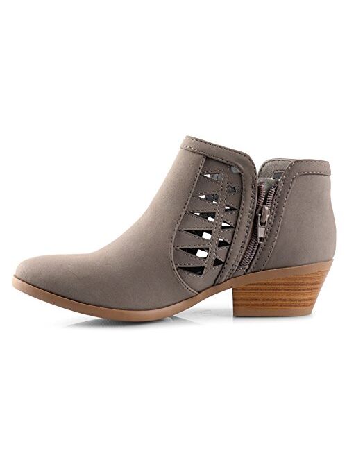 Soda Women's Perforated Cut Out Stacked Block Heel Ankle Booties Grey