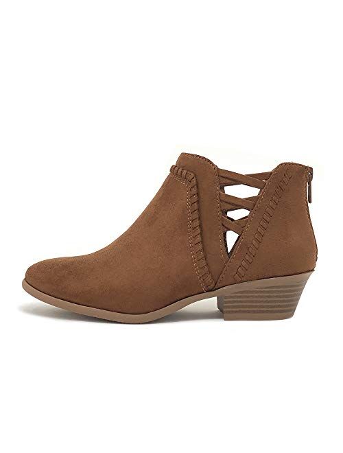 Soda Sincere Women's Low Ankle Heel Bootie with Elastic Cross Straps