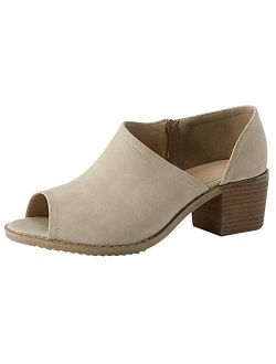 Younsuer Women Low Heel Ankle Booties Slip On Vegan Suede Leather Cut Out Chunky Block Stacked Peep Toe Ankle Boots Shoes