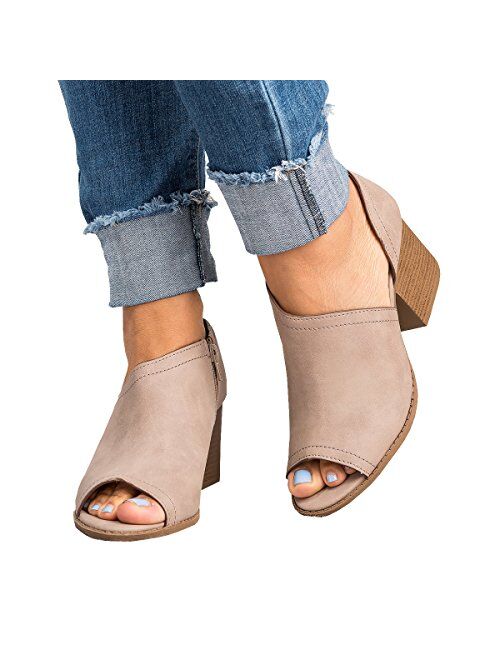 Younsuer Women Low Heel Ankle Booties Slip On Vegan Suede Leather Cut Out Chunky Block Stacked Peep Toe Ankle Boots Shoes