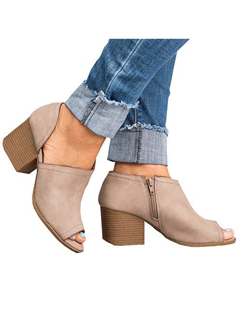 Younsuer Women Low Heel Ankle Booties Slip On Vegan Suede Leather Cut Out Chunky Block Stacked Peep Toe Ankle Boots Shoes