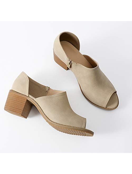 Younsuer Women Low Heel Ankle Booties Slip On Vegan Suede Leather Cut Out Chunky Block Stacked Peep Toe Ankle Boots Shoes