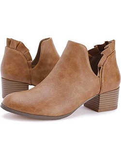 Womens Fall Cutout Booties Ankle Heels Low Stacked Ruffle Slip On Dress Short Boots Shoes