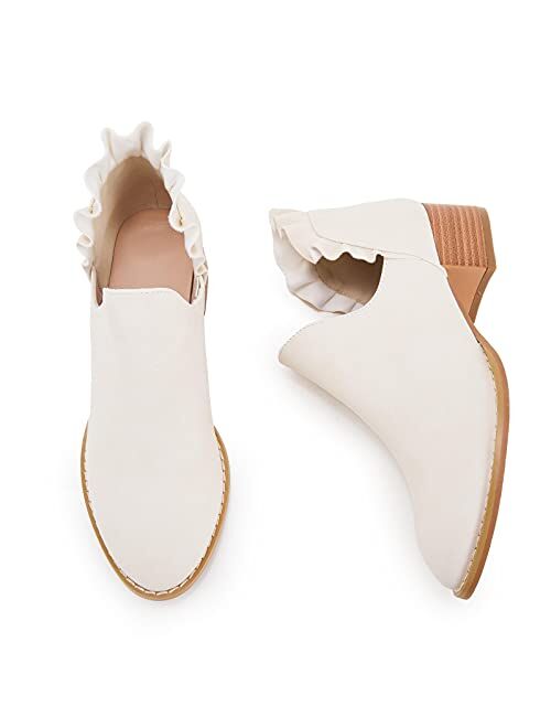 Fashare Womens Fall Cutout Booties Ankle Heels Low Stacked Ruffle Slip On Dress Short Boots Shoes