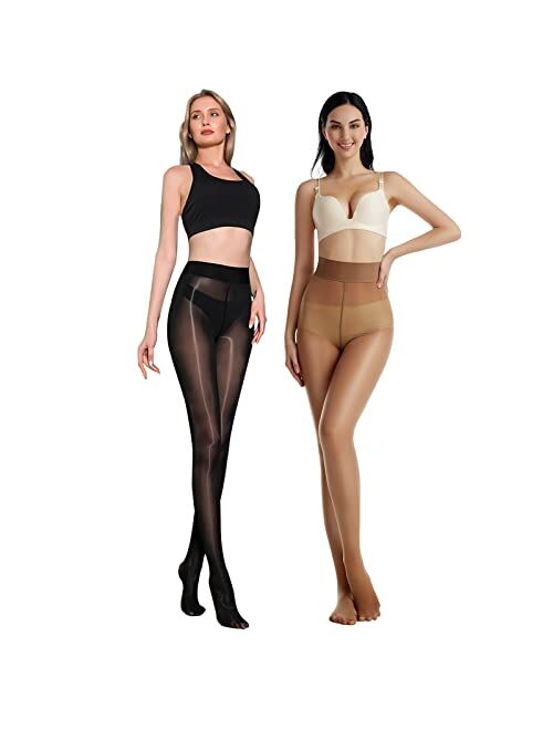 Ibonas Shiny Oil Pantyhose Footed - 2 Pack Ultra Shiny Sheer Tights High Waist, Shimmery Stocking for Women, Girls