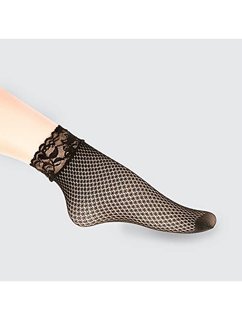 Jusback 6 Pairs Lace Fishnet Ankle Socks for Women Anklet Socks for Dress