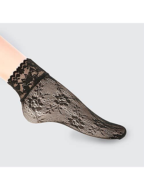 Jusback 6 Pairs Lace Fishnet Ankle Socks for Women Anklet Socks for Dress