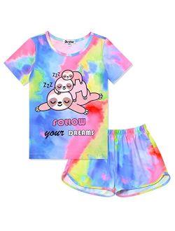 Kids Short Sleeve Animal Print Round Neck Pajamas 2 Piece Set for Girl, Size 3-13
