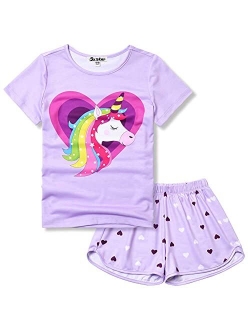 Kids Short Sleeve Animal Print Round Neck Pajamas 2 Piece Set for Girl, Size 3-13