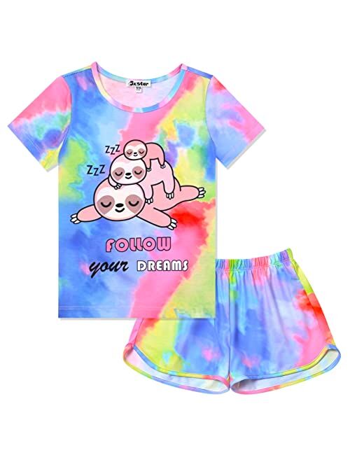 Jxstar Kids Short Sleeve Animal Print Round Neck Pajamas 2 Piece Set for Girl, Size 3-13