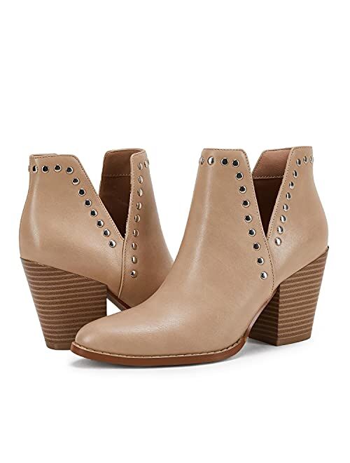 Ermonn Women's Chunky Block Heel Ankle Boots V Cut Out Slip on Round Toe Rivet Fall Western Booties