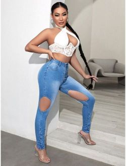 SXY High Waist Cut Out Stacked Jeans