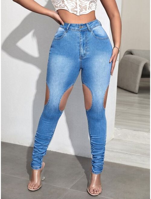 Buy SHEIN SXY High Waist Cut Out Stacked Jeans online | Topofstyle