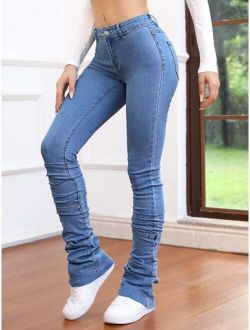 Solid Ruched Skinny Stacked Jeans