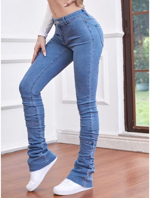Shein Solid Ruched Skinny Stacked Jeans