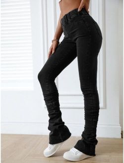 Elastic Waist Raw Cut Stacked Jeans