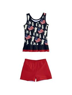 PattyCandy Girls I Love USA Patriotic American Stars Flags Kids Bikini Boyleg Swimsuit Bathing Suit, Size: 2-16
