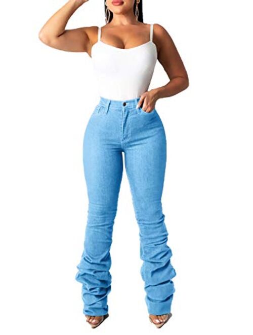 Huisifang Women Classic Stacked Denim Pants High Waist Classic Skinny Stretch Jeans Long Trouser with Pockets