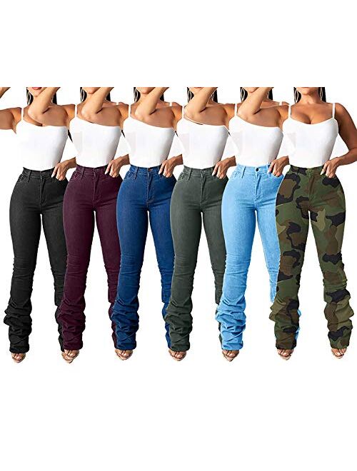 Huisifang Women Classic Stacked Denim Pants High Waist Classic Skinny Stretch Jeans Long Trouser with Pockets