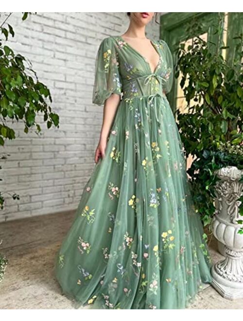 Yuxin Women's Puffy Sleeve Prom Dresses Fair Flower Embroidery Tulle Tea Length Lace Formal Evening Party Bridesmaid Gowns 609