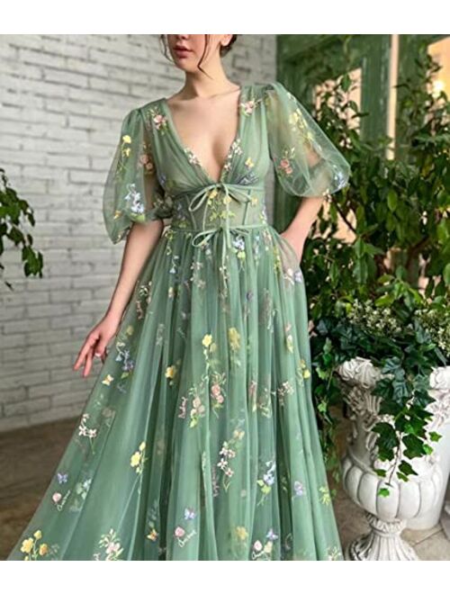 Yuxin Women's Puffy Sleeve Prom Dresses Fair Flower Embroidery Tulle Tea Length Lace Formal Evening Party Bridesmaid Gowns 609