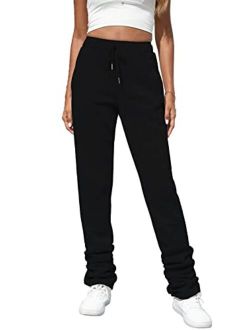 Famnbro Womens Stacked Pants Sweatpants Fleece Lined Leggings High Waist Drawstring Ruched Joggers