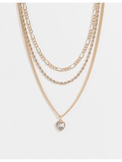 crystal set heart pendant multirow chain necklace in gold