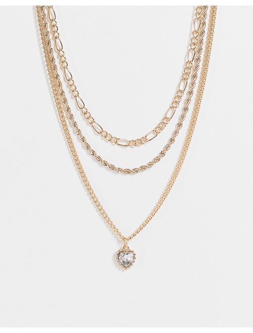 Topshop crystal set heart pendant multirow chain necklace in gold