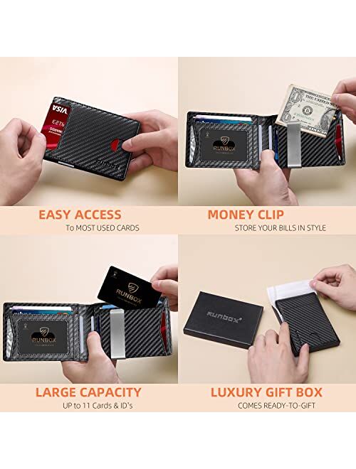 RUNBOX Mens Slim Wallet with Money Clip RFID Blocking Front Pocket Bifold Minimalist Credit Card Holder for Men with Gift Box