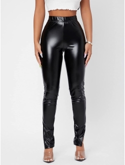 Women's Faux Leather Leggings Pants High Waisted Leather Stacked Pants