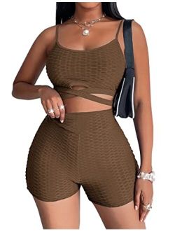 Women's 2 Piece Workout Sets Criss Cross Strappy Crop Top High Waisted Scrunch Shorts Gym Yoga Outfits