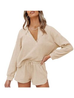 Lingswallow Women Waffle Lounge Sets - Long Sleeve and Shorts Pajama Set Two Piece Outfits for Women Sweatsuits loungewear