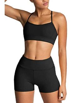 Iwemek Women's Workout Sets 2 Piece Yoga Outfits High Waisted Yoga Leggings Shorts and Sports Bra Gym Clothes Tracksuit