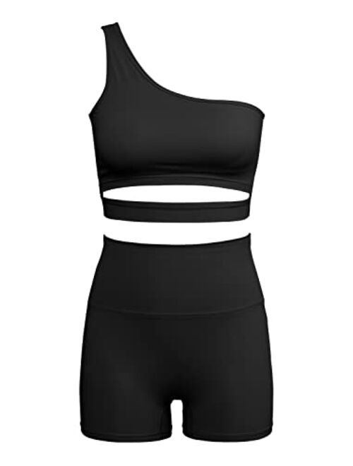 QINSEN 2 Piece Workout Outfits for Women One Shoulder Coutout Sport Bra High Waist Yoga Shorts Sets