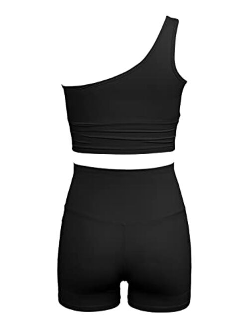 QINSEN 2 Piece Workout Outfits for Women One Shoulder Coutout Sport Bra High Waist Yoga Shorts Sets