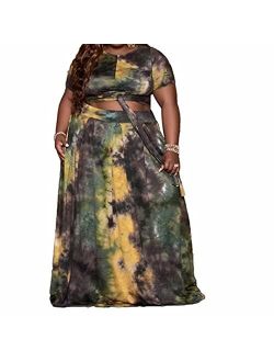 Ophestin Womens Plus Size 2 Piece Dress Outfits Solid Crop Top Maxi Skirts Set