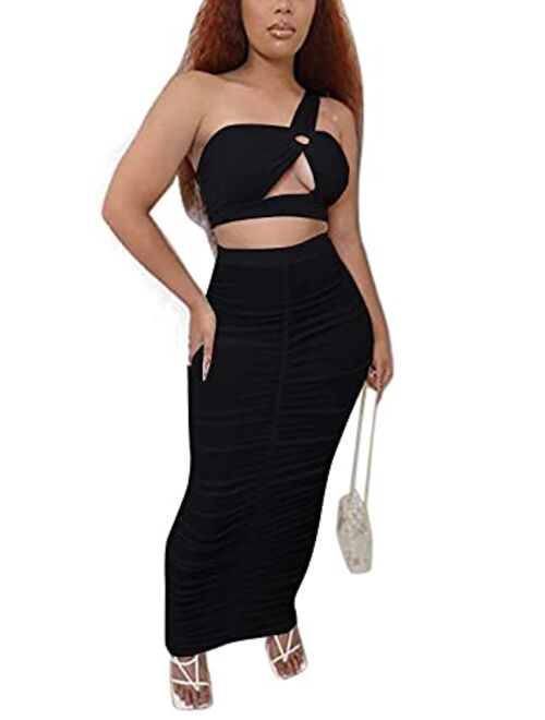 Thusfar Women's Sexy 2 Piece Midi Dress Outfits Summer Hollow Out Crop Top and Ruched Long Skirts Sets Party Dresses