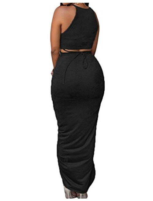 Huusa Womens Sexy Cotton Sleeveless Slit Two Piece Maxi Skirt Set