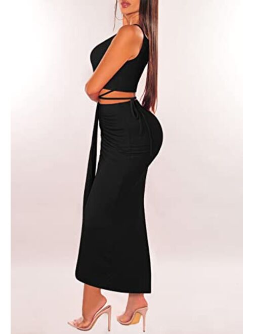 Huusa Womens Sexy Cotton Sleeveless Slit Two Piece Maxi Skirt Set