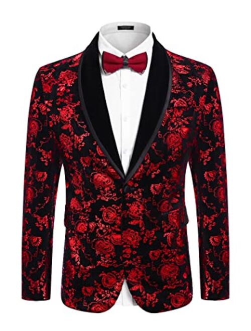 Buy COOFANDY Men's Floral Tuxedo Jacket Shawl Lapel One Button Velvet ...