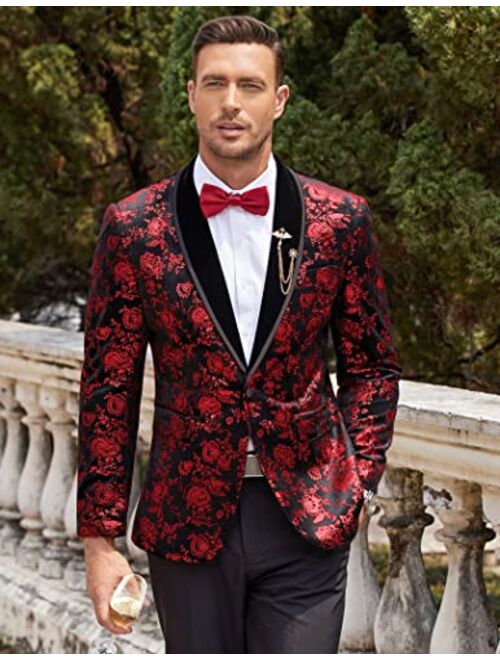 COOFANDY Men's Floral Tuxedo Jacket Shawl Lapel One Button Velvet Suit Jacket Dinner Prom Party Wedding Blazer