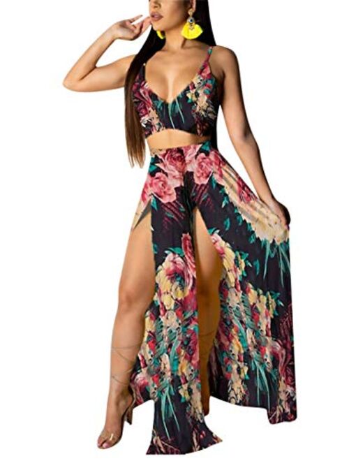 EOSIEDUR Women's Chiffon Bohemian Floral Printed 2 Piece Sets Crop Cami Top & Split Beach Party Maxi Dress
